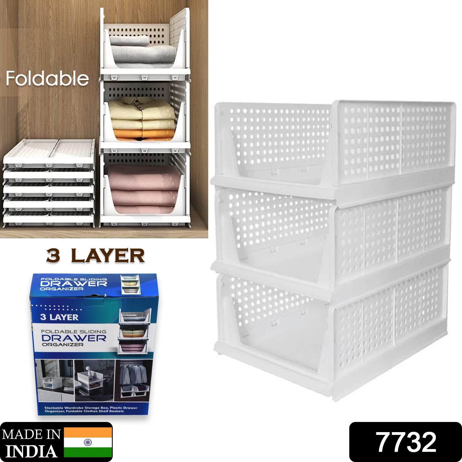 7732 3 Layer Clothes Organizer for Wardrobe Cupboard Organizer for Clothes Foldable and Stackable Closet Organizer Drawer Organizer for Clothes, Multi Purpose Plastic Drawer 7732 3 Layer Clothes Organizer for Wardrobe Cupboard Organizer for Clothes Foldable and Stackable Closet Organizer Drawer Organizer for Clothes, Multi Purpose Plastic Drawer